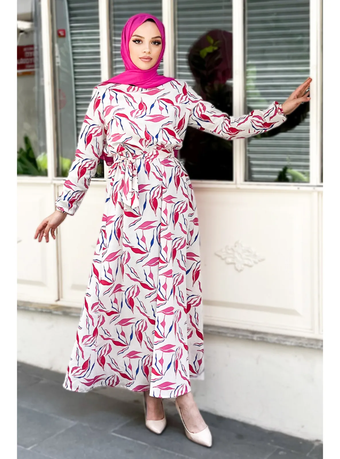 Branch Patterned Linen Dress Tsd220804 Fuchsia