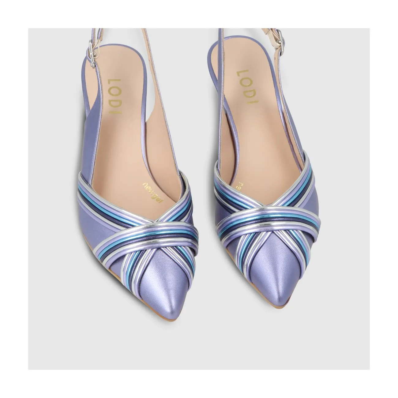 Escarpin slingback pour femme en cuir métallisé lilas et brides multicolores sur le bout et le décolleté. I LODI Chaussures pour