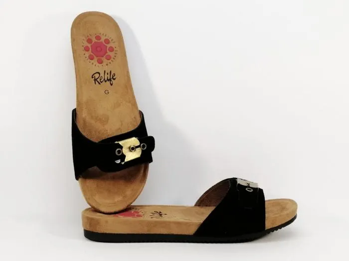Mule chic cuir noir destockage RELIFE Jalband semelle confort femme