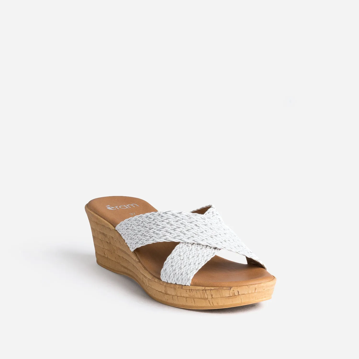 Mule compensée blanche à brides tressées argent - Mules / Tongs Femme | ERAM