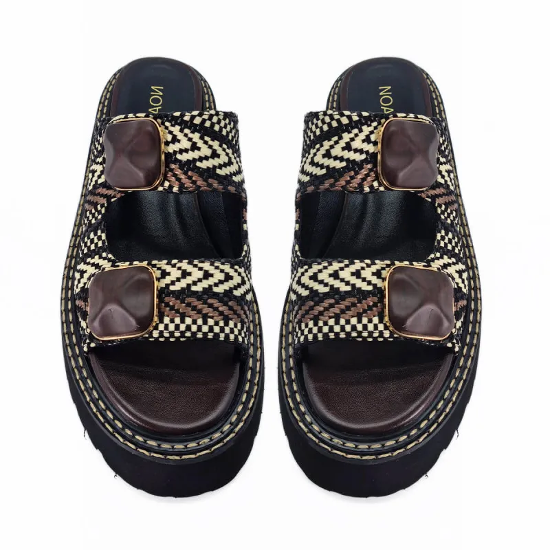 Mule femme en cuir marron et raphia - Noa Harmon - Scarpe