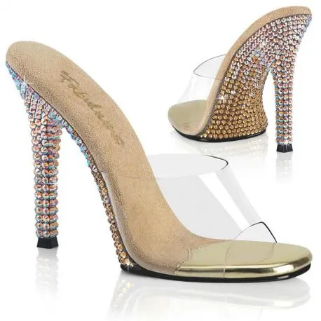 Mule femme transparente à talon aiguille strass en dégradé or