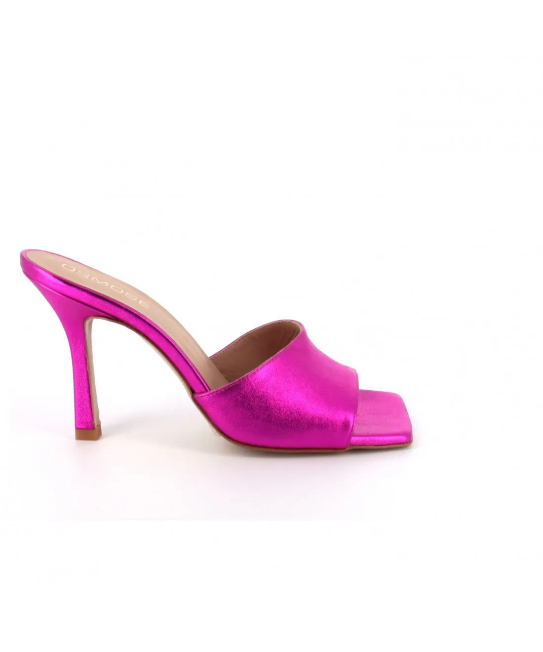 mule signée Osmose Shoes Paris, cuir souple métallisé fuschia.