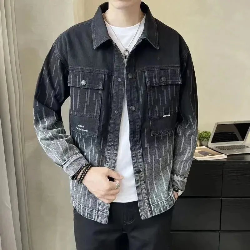 Noir doublé Vestes en jean pour homme avec col réversible et bouton de
