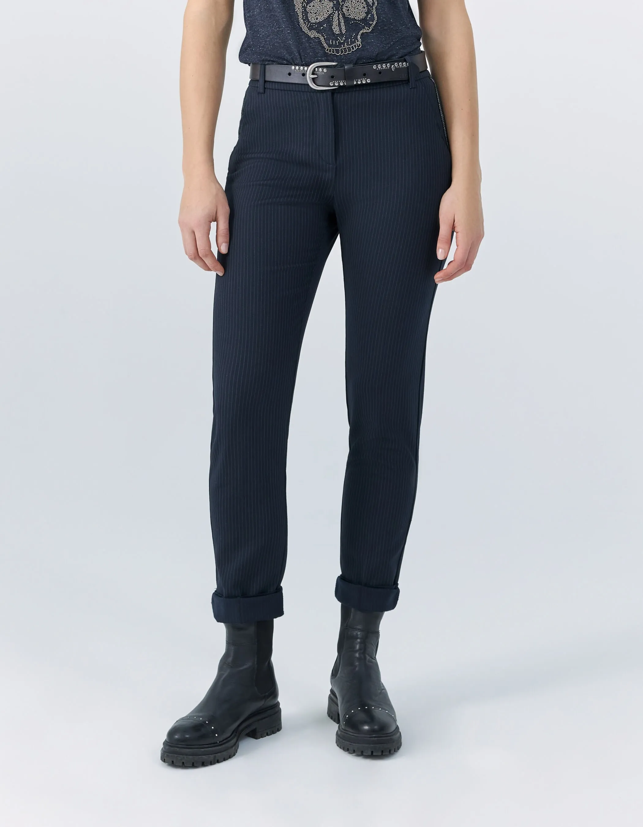 Pantalon de costume droit marine à rayures tennis femme
