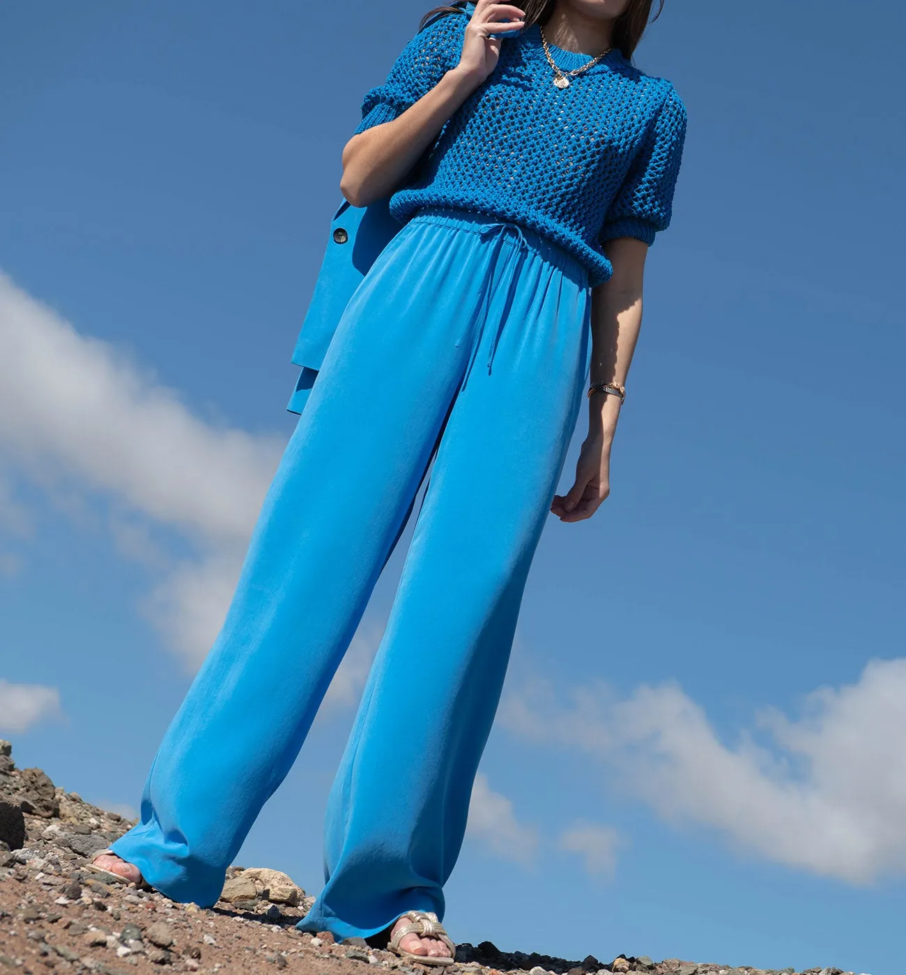 Pantalon large taille haute - Bleu Cobalt