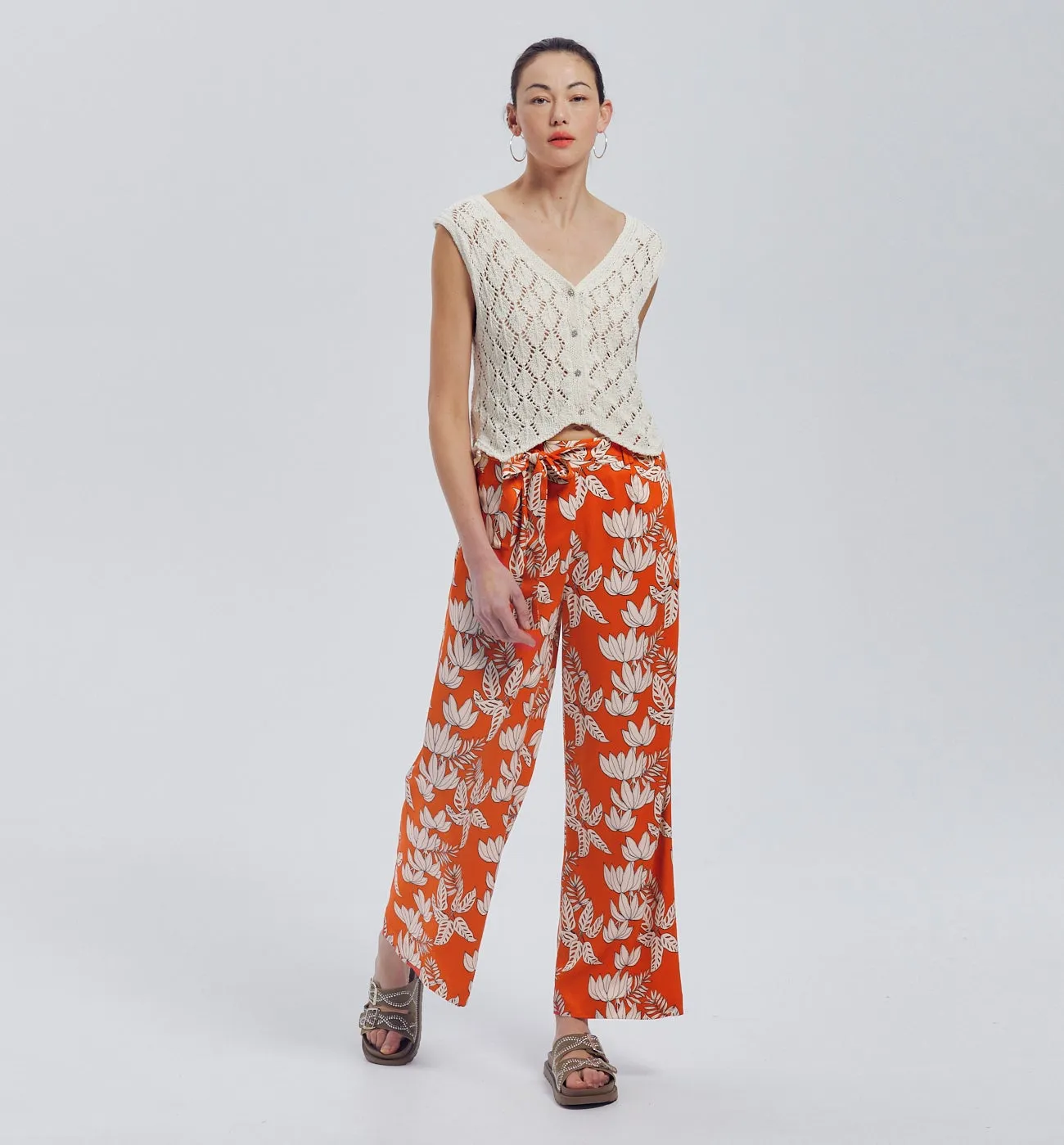 Pantalon large taille haute - Imprimé orange