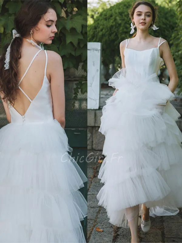 Robe De Mariée Civile Longue Blanche Tulle à Volants Croisée Dos Nu