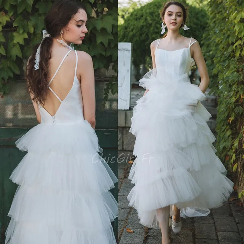 Robe De Mariée Civile Longue Blanche Tulle à Volants Croisée Dos Nu